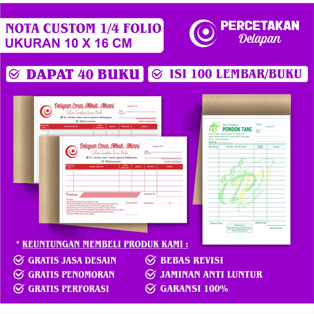 

PAKET 40 BUKU nota custom 2 ply 1/4 folio