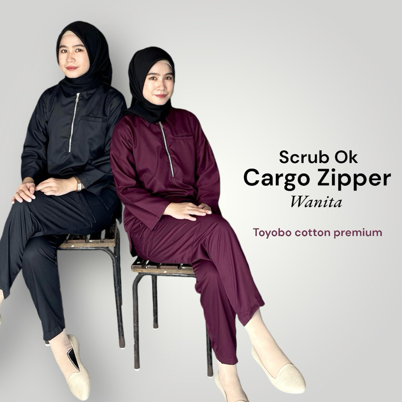 Scrub Ok Zipper Celana Cargo Wanita/ Baju Ok zipper lengan panjang/ Baju Ok zipper cargo pants S-XXX