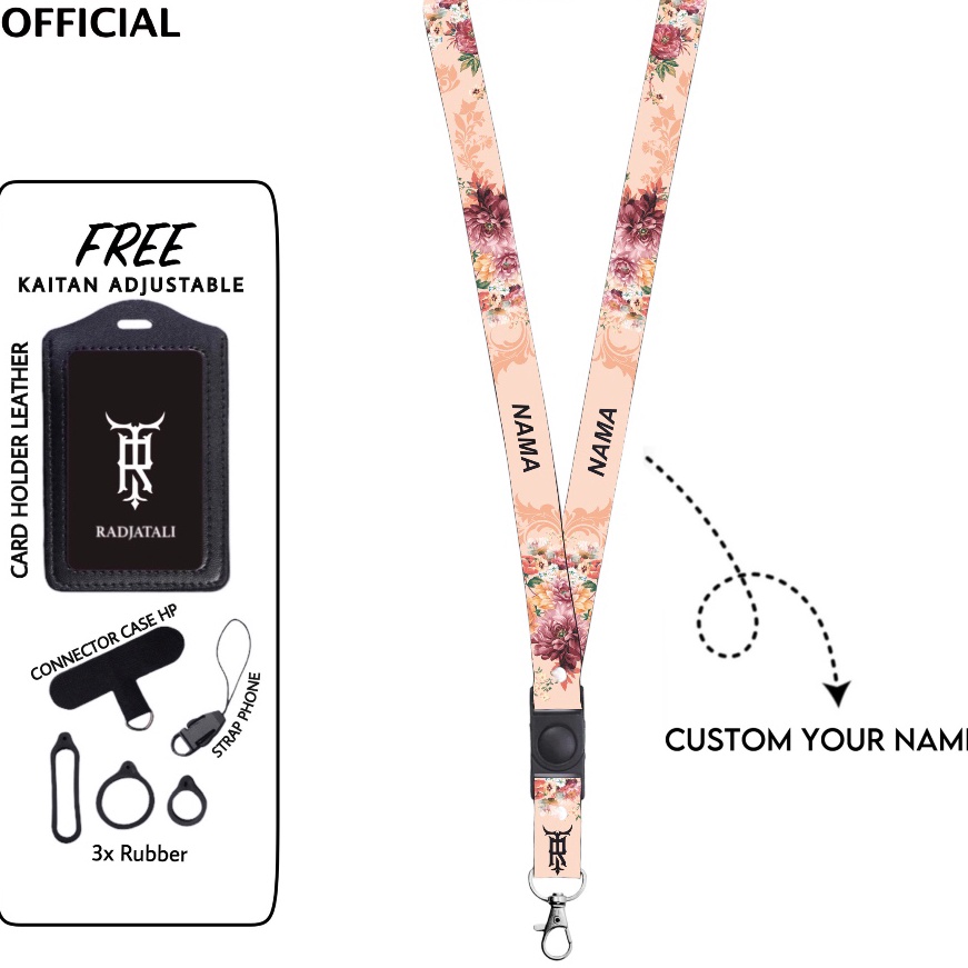 

Mega Custom Nama Floral Series 2cm Request Nama Satuan Gantungan Card holder Full printing 2 sisi Tali Name Tag