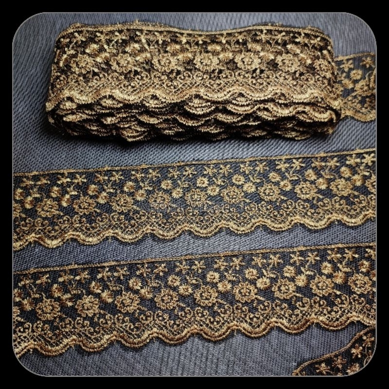 RENDA TULLE / TILLE / TILE DAISY HITAM GOLD LEBAR 6CM