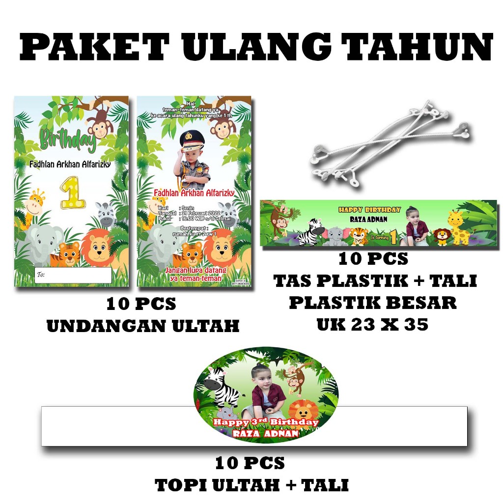 PAKET ULANG TAHUN PER 10 PCS/ undangan ultah / undangan ulang tahun / topi ulang tahun  / topi ultah