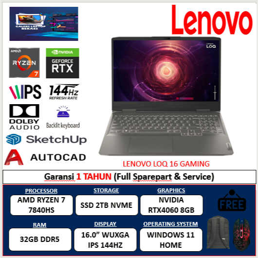 LENOVO LOQ 16 GAMING AMD RYZEN 7 7840HS 32GB DDR5 2TB RTX4060-8GB 16.0 WUXGA IPS 144HZ BL W11