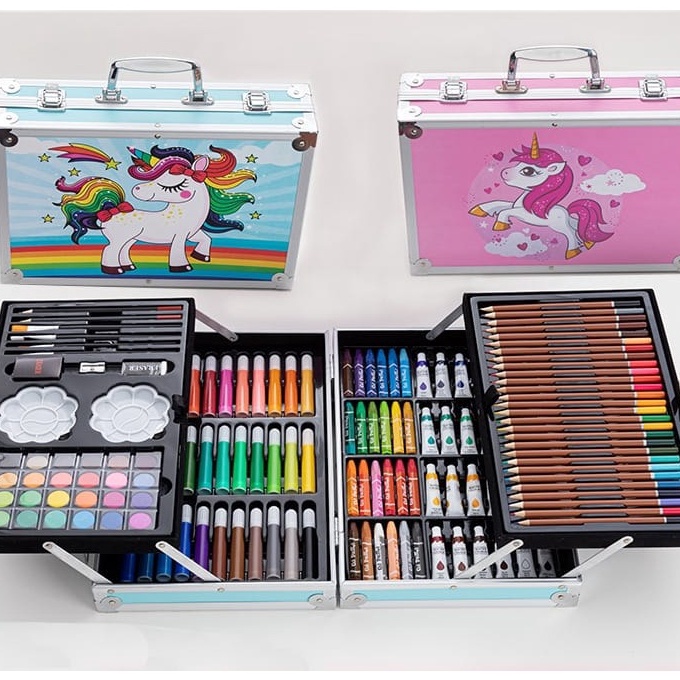 

Eksklusif HZ Crayon Set 145pcs Koper Alumum Besi Krayon Pensil Warna 145 Pcs Box Alat Lukis Anak Koper Set