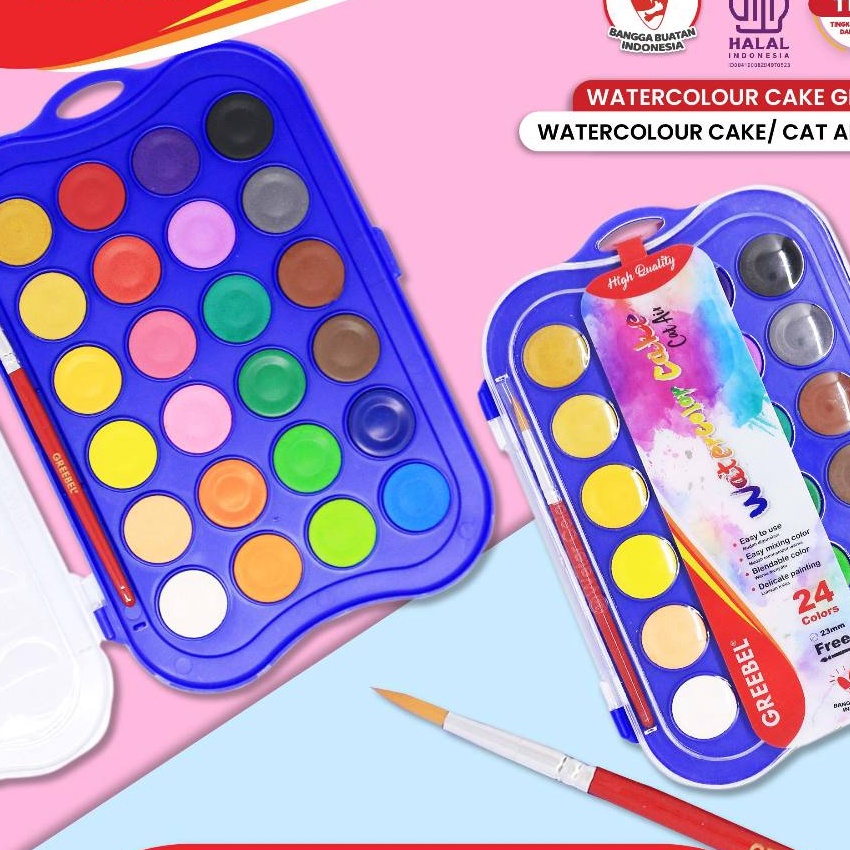 

KF7 GREEBEL Cat Air Isi 24 Warna Watercolor Cake Gratis Kuas 24C CAKE Cat Air Cat Lukis Melukis Mewarnai