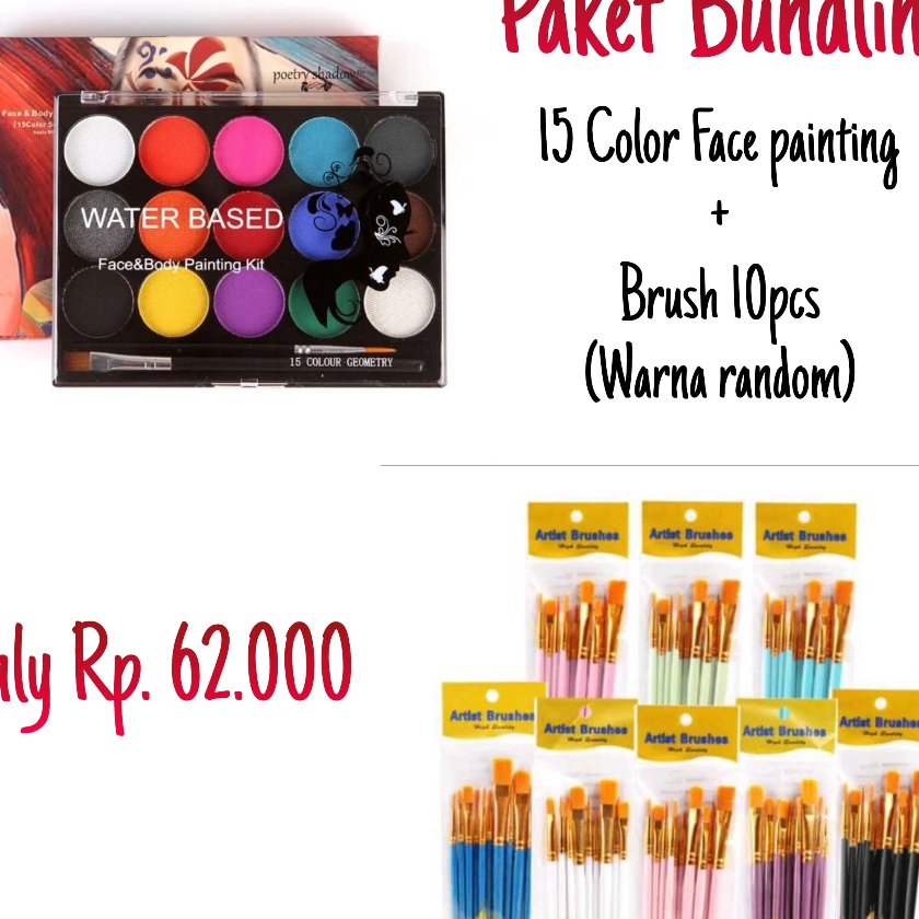

Hemat BUNDLING Body Face Painting 15 Warna Wateroof Paints Water Base 1 Set Kuas Lukis Cat Air Acrylic Painting Brush