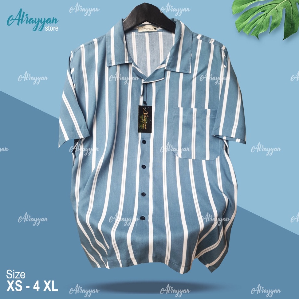 stok baru Alrayyan Store  Baju Kemeja Hawai Pantai Bali Lengan Pendek Cowok Cewek Motif Salur Biru P