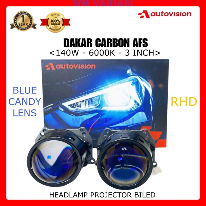 LED Headlamp Projector BiLED 3" Dakar Carbon AFS Blue Candy Lens 140W Autovision RHD