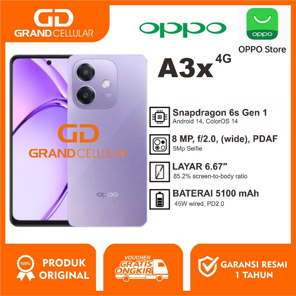 OPPO A3X 6GB RAM 128GB ROM - 4G RAM 128GB ROM - 4GB RAM 64GB ROM Garansi Resmi
