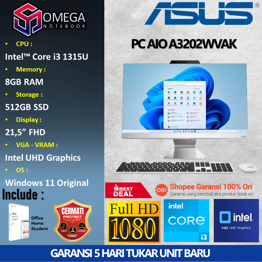 ASUS PC AIO A3202WVAK i3 1315 8GB 512GB UHD 21,5" FHD WIndows 11 + Office