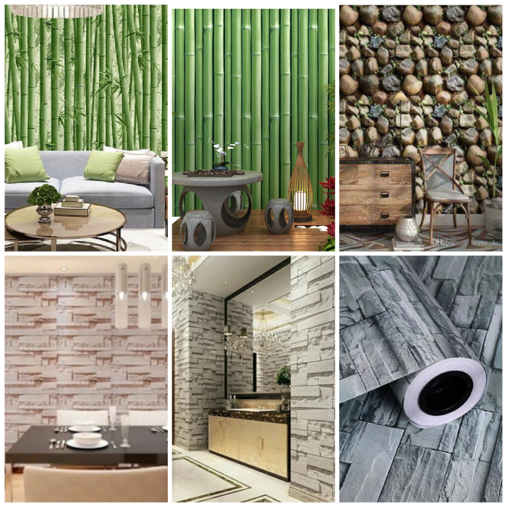 PAKET 5 ROLL WALLPAPER STIKER DINDING MOTIF BATU ALAM / BAMBU PREMIUM PVC DEKORASI RUMAH BEST SELLER