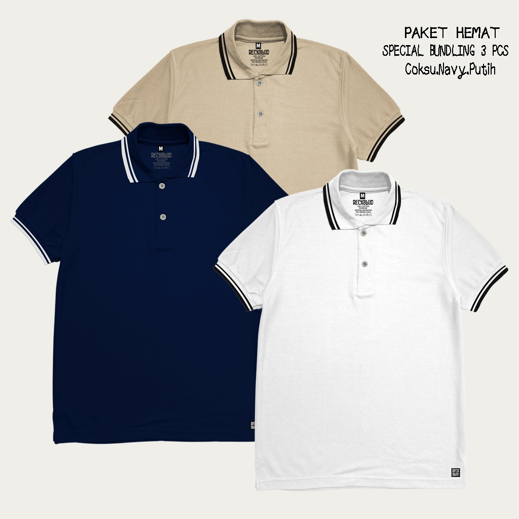 Reckblud - Bundling 3 Pcs Polo LIST Kerah Polos Unisex Paket Hemat Coksu Navy Putih