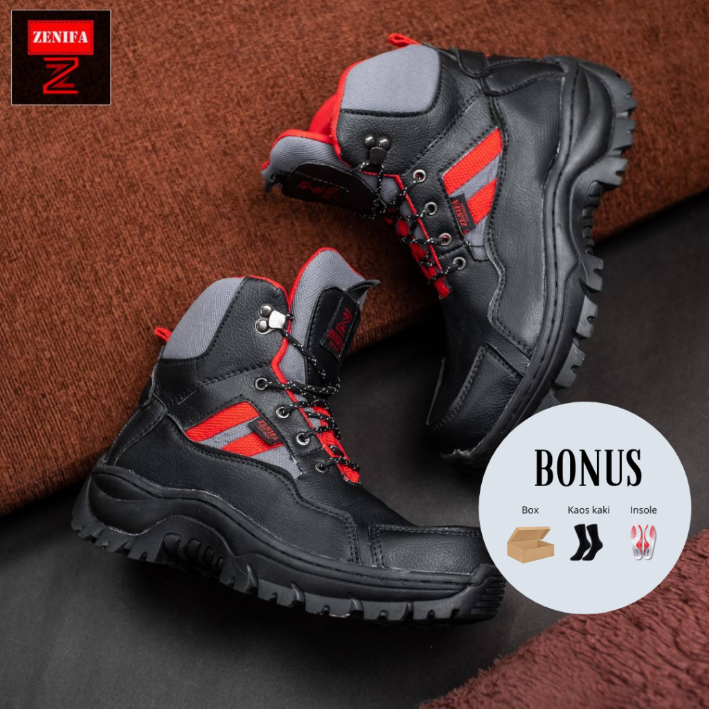 Sepatu Safety Pria Kulit Terbaru Zenifa Original Ujung Besi Keren Jogger Hikers Hitam merah 39-43