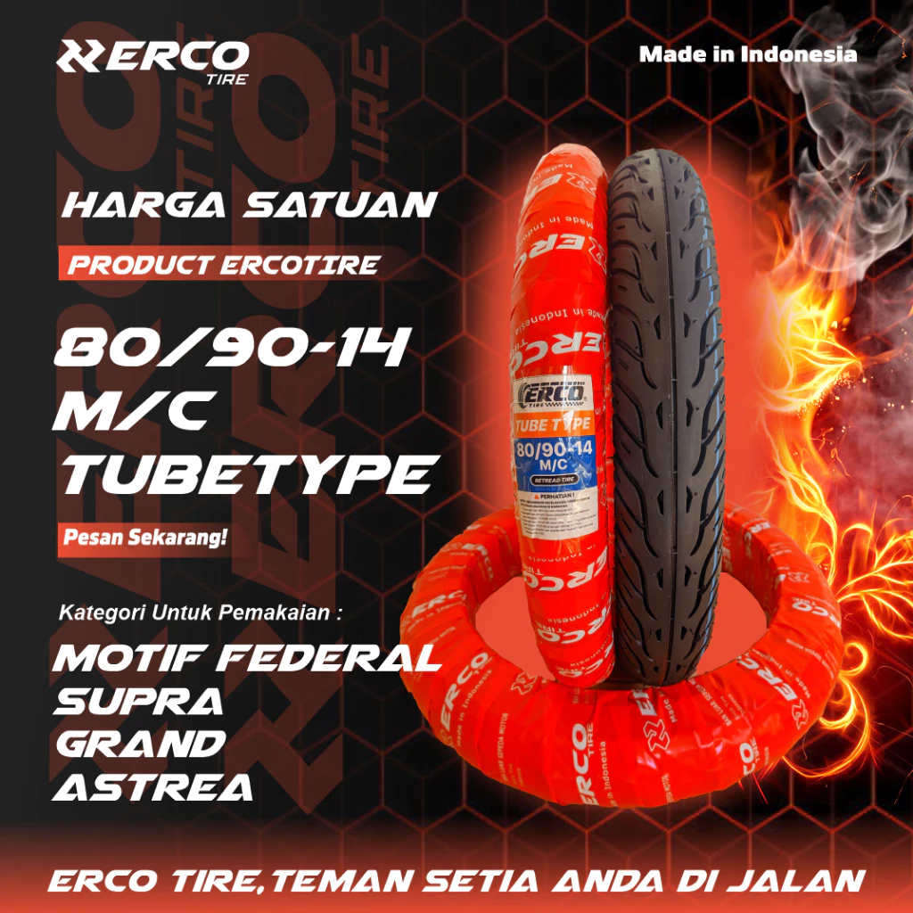 ERCO TIRE Satu Set Ban Motor Matic ERCO Tubeless NonTubeless, 90/90-14 dan 80/90-14