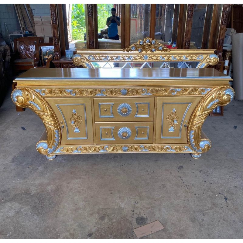 bufet pendek warna gold, bufet tv ukir,bufet tv pajangan