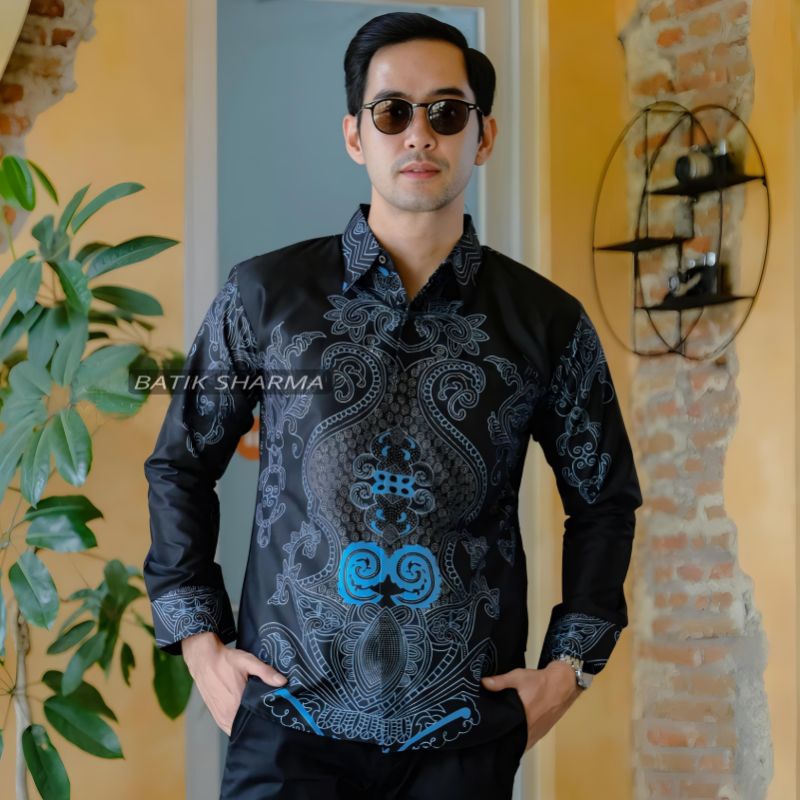 Sharma Kemeja Batik Pria Lengan Panjang Abinawa Biru Formal Slim fit Baju Batik Kantor Cowok Laskala