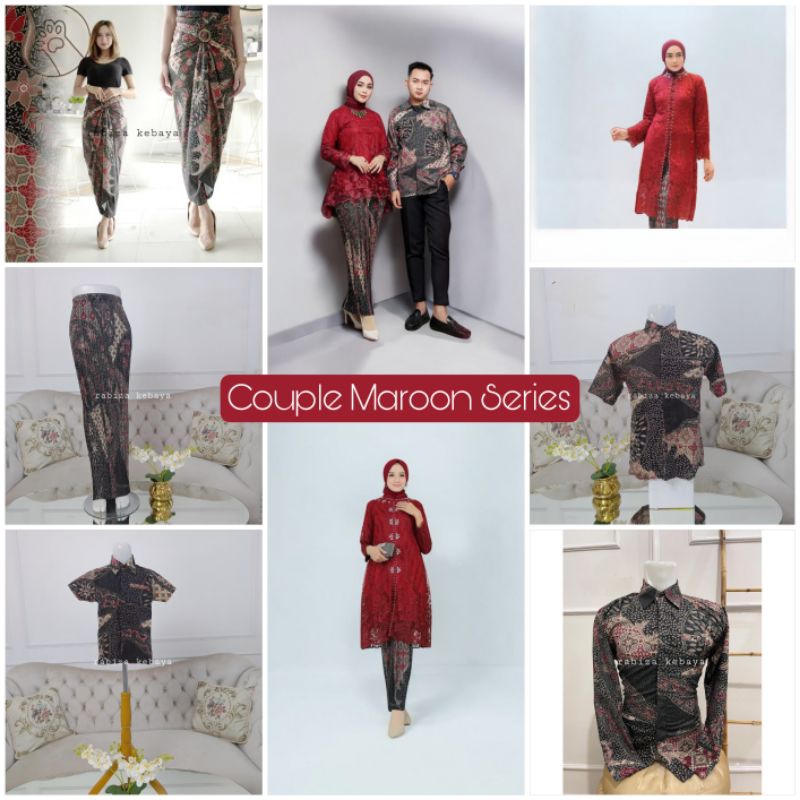 Stelan Couple Keluarga Batik Warna Maroon Kemeja Dewasa Anak Kebaya Brokat Modern Terbaru Seragam Wi