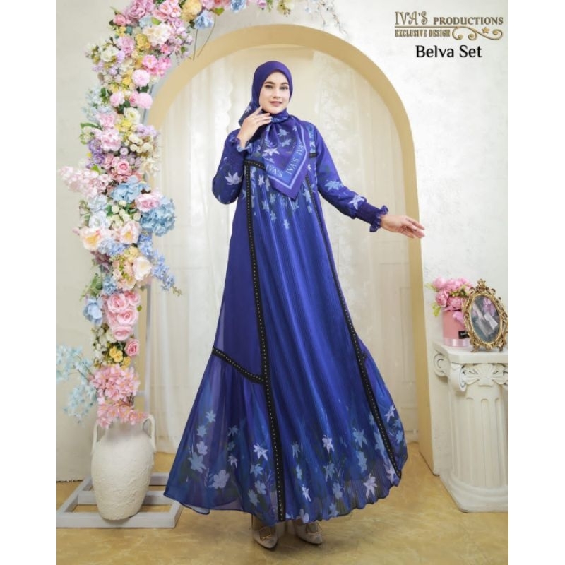 Gamis Dewasa Model Plisket Semi Outer Bahan Ceruty Printing Set Scraft Premium