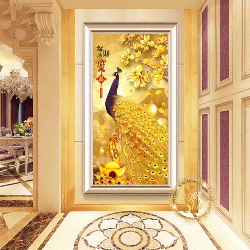 [Super_Shine] Lukisan Diamond Painting 5D Full Diamond Merak Emas Lukisan Merak Emas Super Cantik