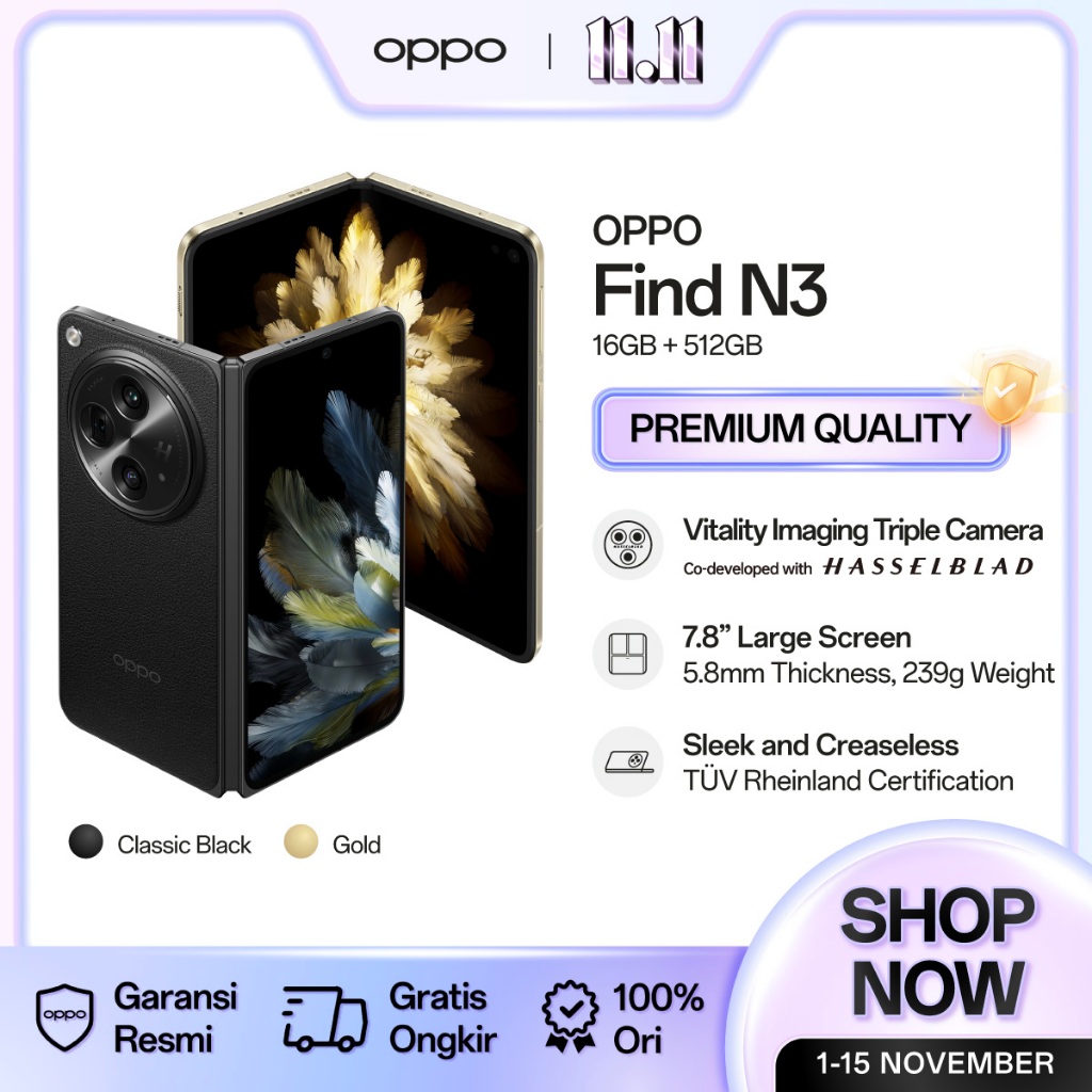 OPPO Find N3 16/512GB [HANDPHONE FOLDABLE 16GB+12GB RAM Expansion, 4805mAh SUPERVOOC 67W, UltraThin]