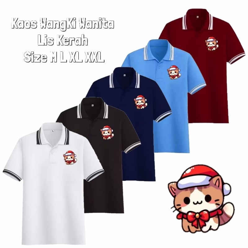 Kaos Polo Wanita Baju Kerah Lengan Pendek Wangki Dewasa Lis II Motif Kucing Natal