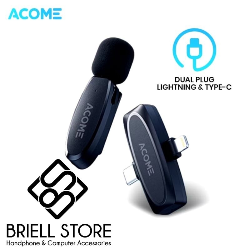Acome AWA-V7B Wireless Microphone Clip On Jepit Dual Plug Ligthning Type C