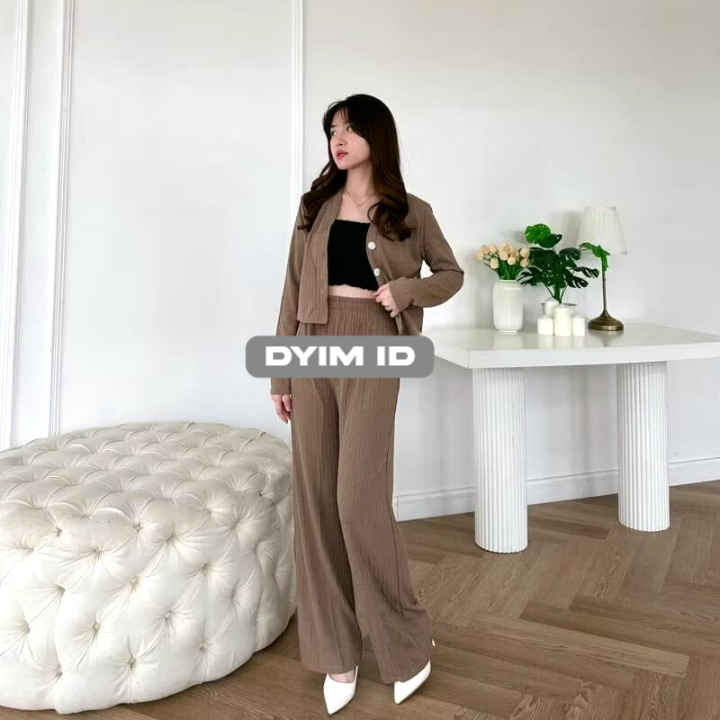 One Set Casey  Outer Cardigan  Crop Kulot Pants Wanita Knit Hornet Premium