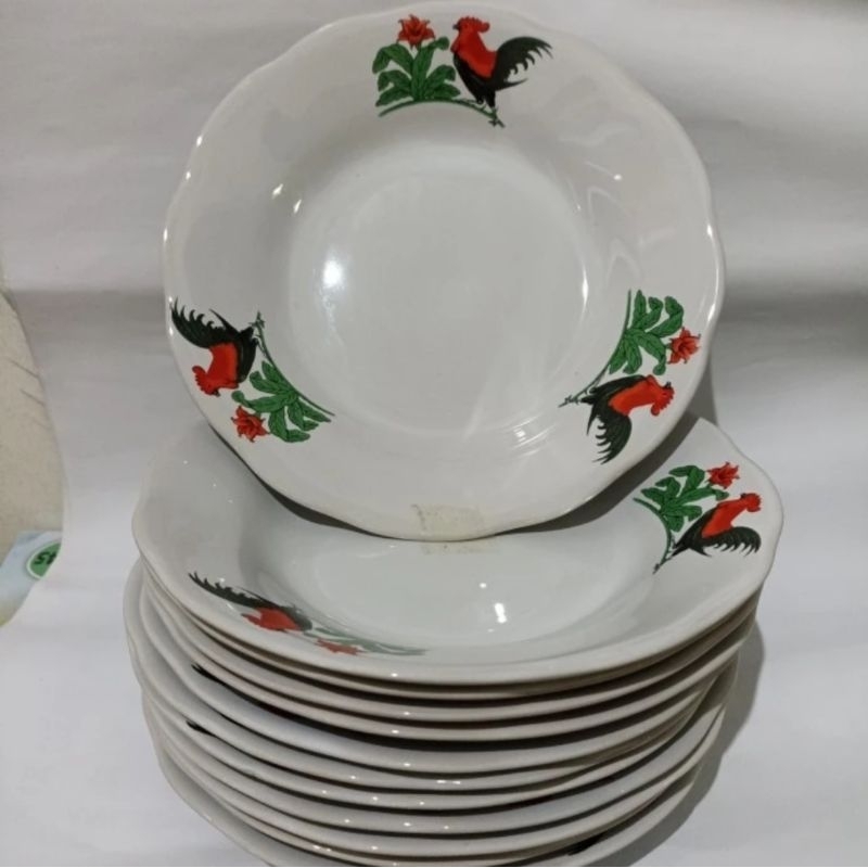 1 Lusin Piring Makan Beling Keramik Motif Ayam Jago