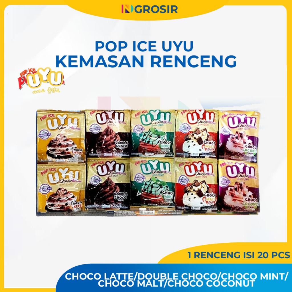 

POP ICE UYU CHOCO LATTE/CHOCO MALT/CHOCO COCONUT/DOUBLE CHOCO /CHOCO MINT 1 RENCENG ISI 10 SACHET BONUS 10 SACHET ( 10 PCS + 10 PCS)