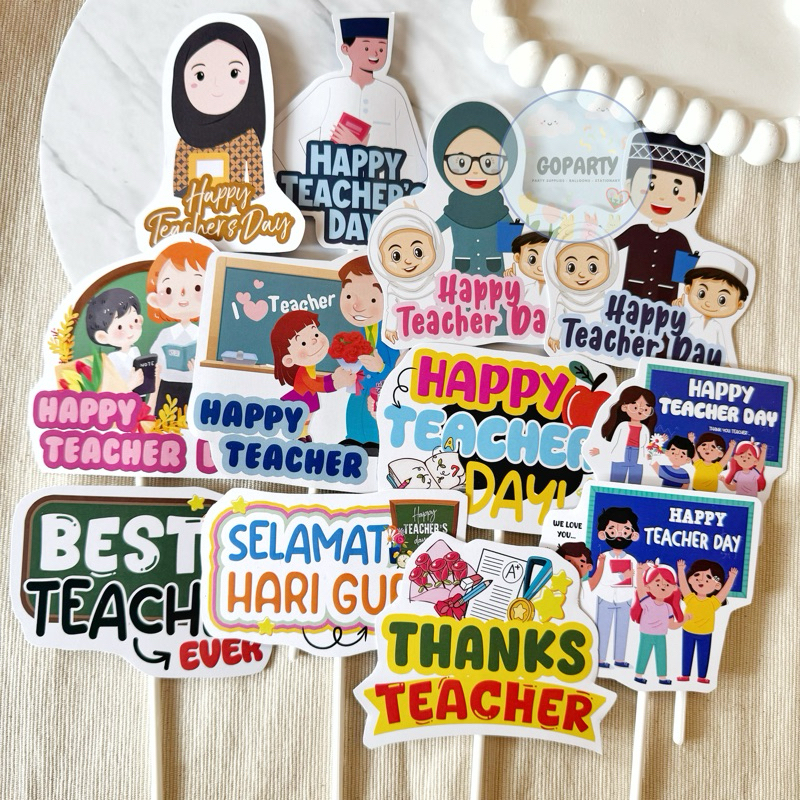 CAKE TOPPER HAPPY TEACHER DAY HARI GURU DEKORASI TUSUKAN HIASAN KUE