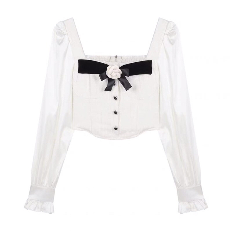 baju korea lengan panjang putih chanel style casual classic korean white long sleeve blouse top squa