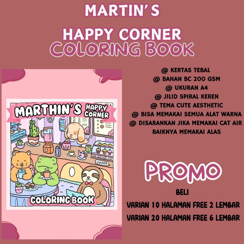 

MARTIN"S HAPPY CORNER Coloring Book Buku Mewarnai Sketsa Menggambar Aesthetic Kertas Tebal Premium
