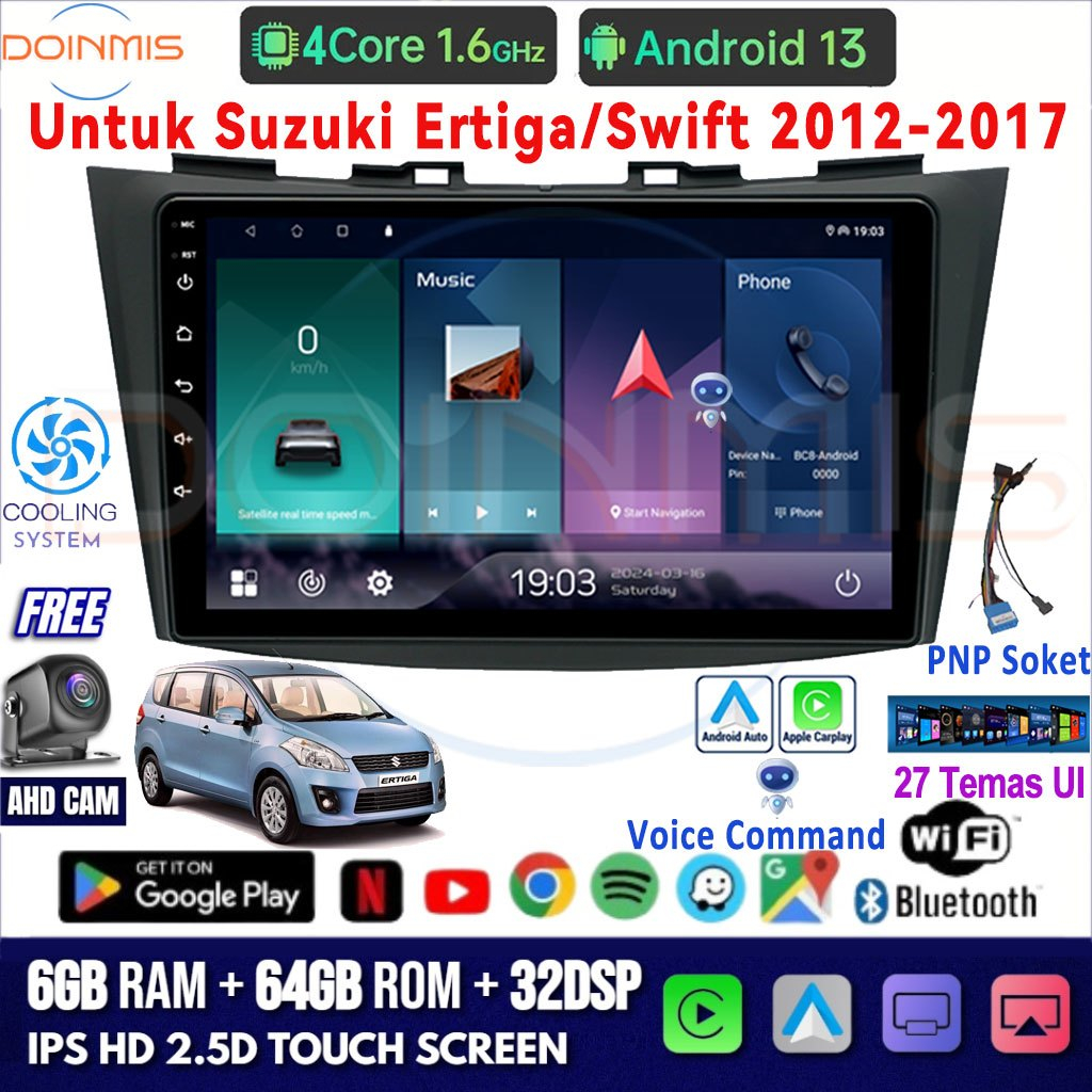 LALAHOO 9 Inch 8G+128G Android 13 Head Unit Untuk Ertiga/Swift 2012-2017 Termasuk Frame/PNP Soket yy