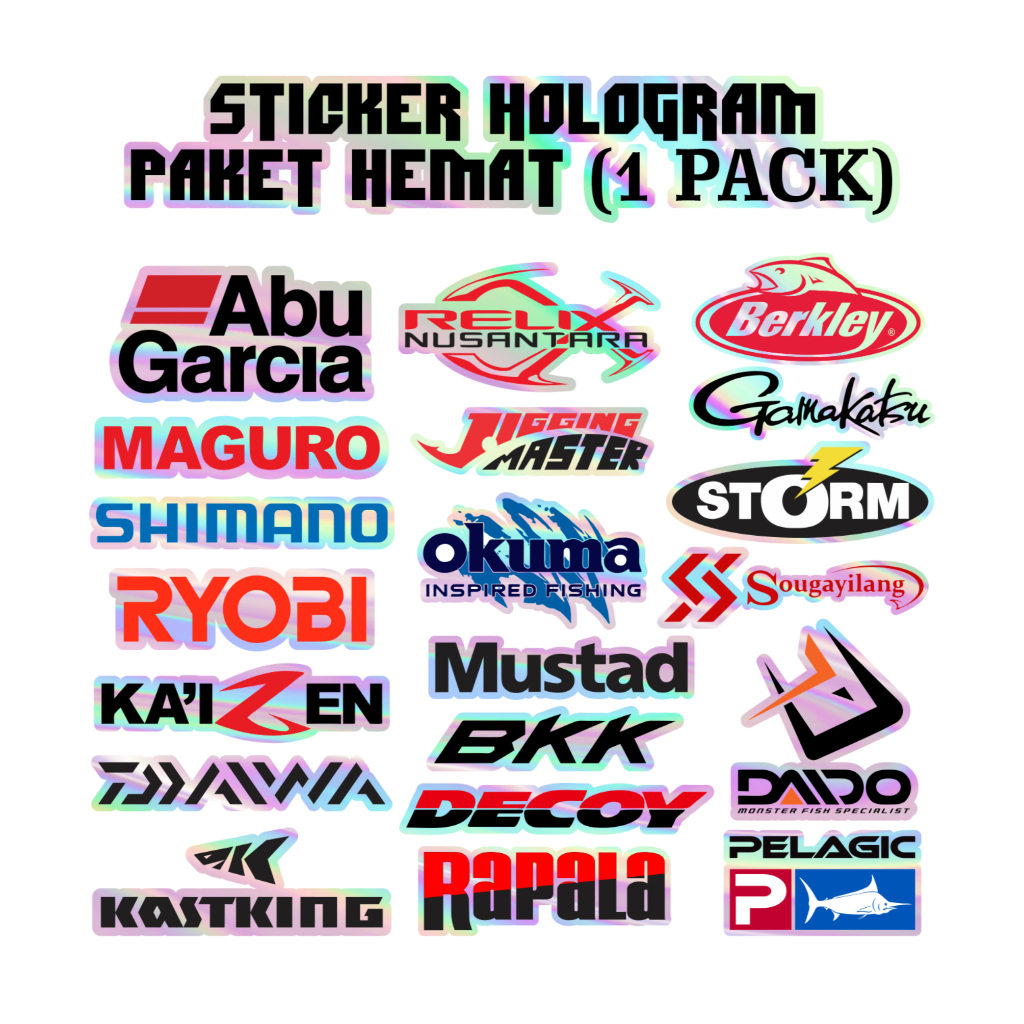 

Stiker Pancing Hologram Pack Isi 20Pcs Logo brand mancing terkenal Murah Stiker untuk Tackle Box Kayak Kotak Lure Brand Mancing