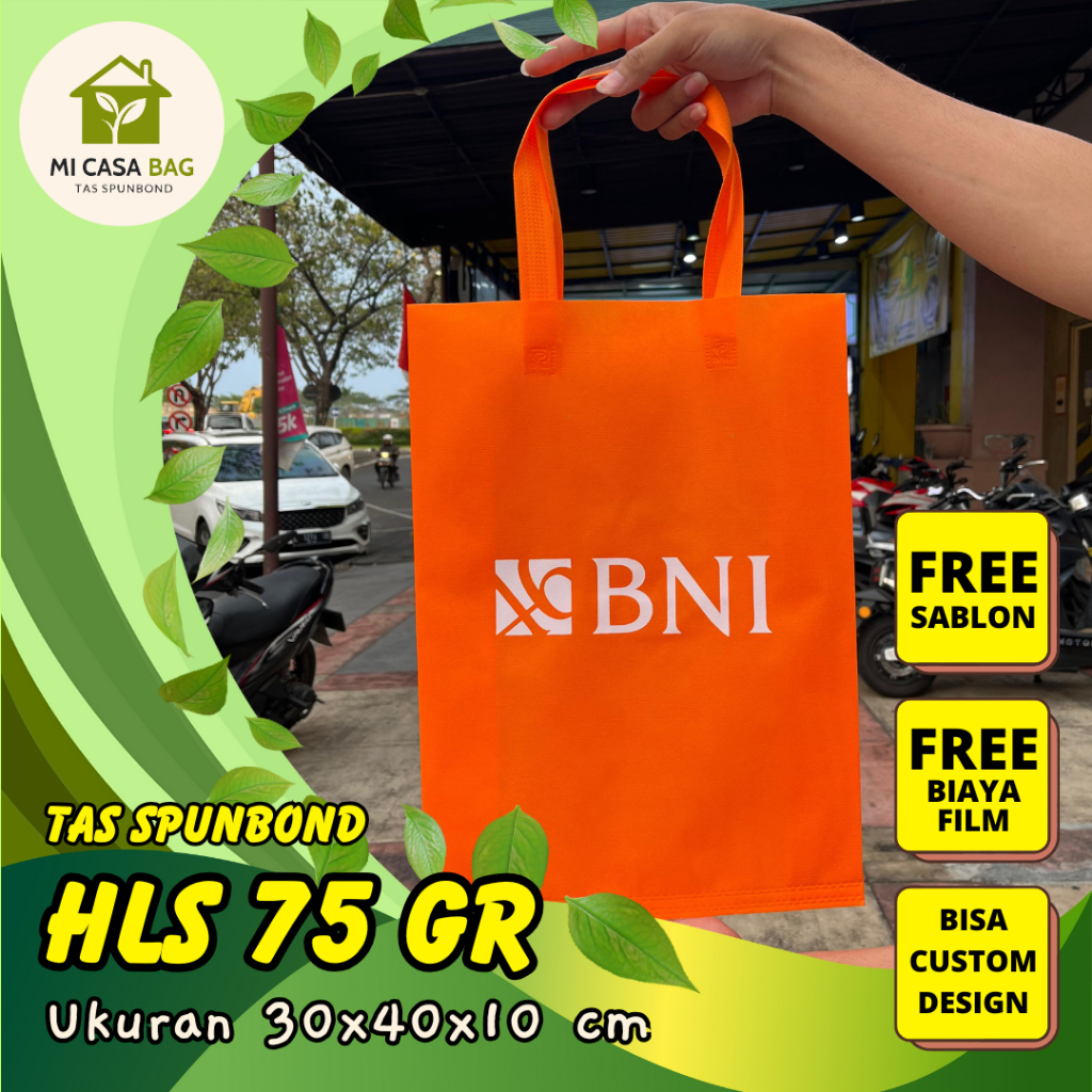 

FREE SABLON TAS SPUNBOND HANDLE LIPAT SAMPING (HLS) 30X40X10 CM 75 GR UNTUK TAS SOUVENIR, SYUKURAN, MENGENANG, PROMOSI, BANSOS,DLL