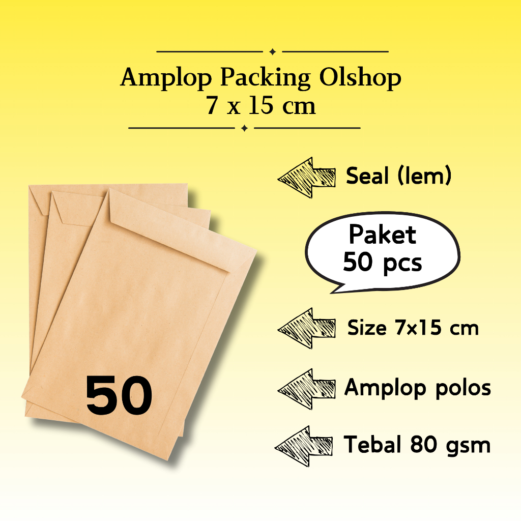 

50 Pcs Potrait - Amplop Packaging Kraft Potrait Amplop Klasik Coklat Polos Seal (Pakai Lem) 7 x 15 cm