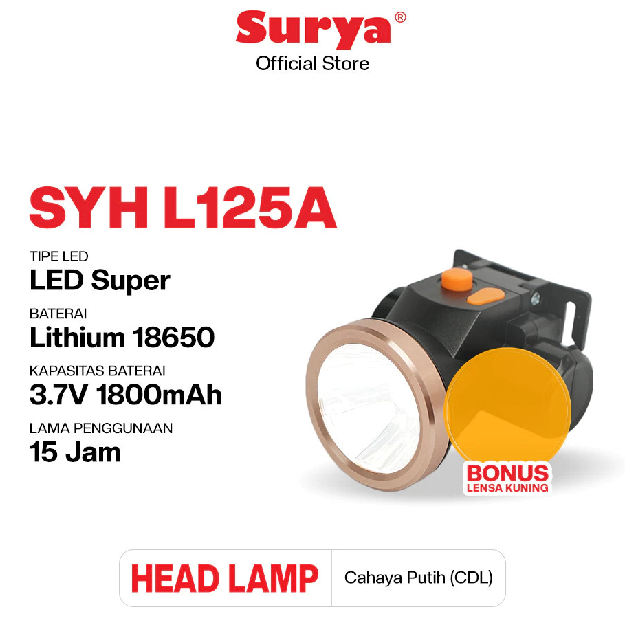 Surya Senter Cas Kepala Super Terang / Headlamp Outdoor LED Waterproof - SYH L125A - BONUS Kabel Cas