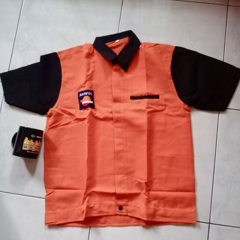 kemeja baju mekanik otomotif oli Repsol orange Size L + Mug Repsol