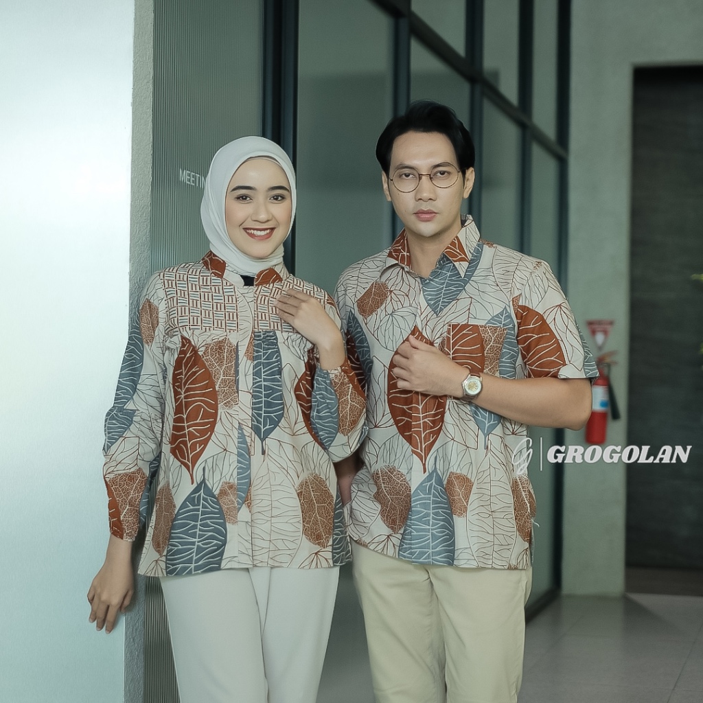 GROGOLAN Baju Batik Wanita Kerja Atasan Blouse Batik Daun Lurik