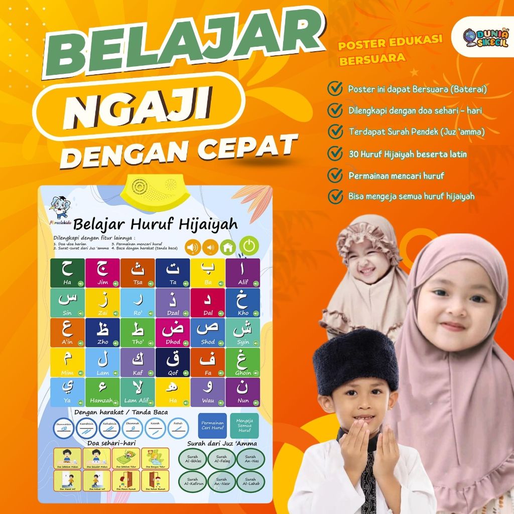 Poster Edukasi Anak Bersuara Hijaiyah Angka Huruf Hewan Buah Buahan Belaja Ngaji dan Membaca