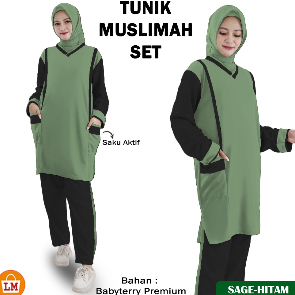 Dijamin Ori  TUNIK MUSLIMAH SET Setelan Training Olahraga Senam Zumba Wanita Baju Celana Bahan Babyt