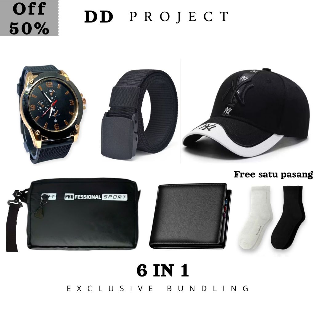 (PROMO BUNDLING MEWAH 6 IN 1) Jam tangan pria keren gratis handbag pria,topi baseball,ikat pinggang 