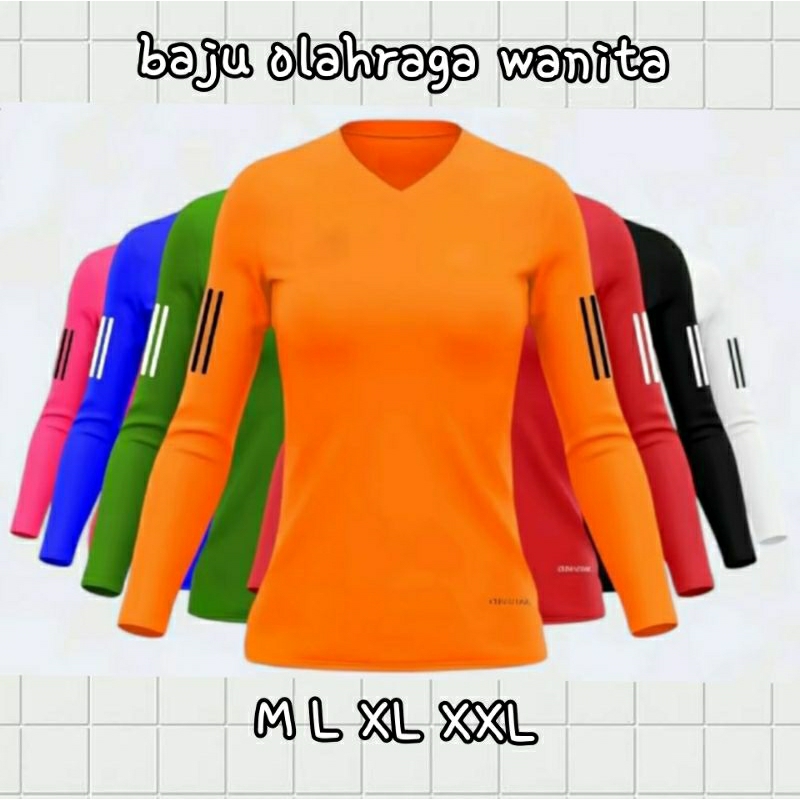 baju olahraga wanita lengan panjang  bahan dry fit kerah v neck trendy and sporty