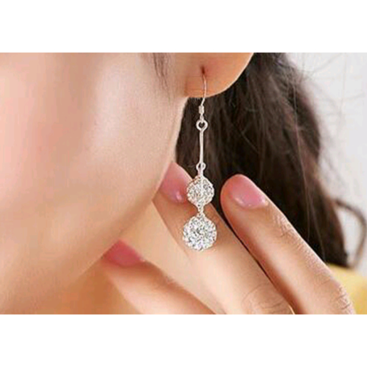Anting Panjang Bandul 2 Bola Bertabur Kristal Putih Bulat Crystal Earring Silver Perak Gantung Kait 
