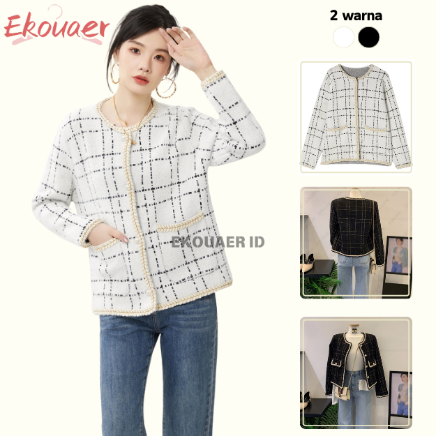 Ekouaer Blazer Vintage Polos Garis Wol Setrip Crewneck Atasan Wanita Santai Hitam Putih