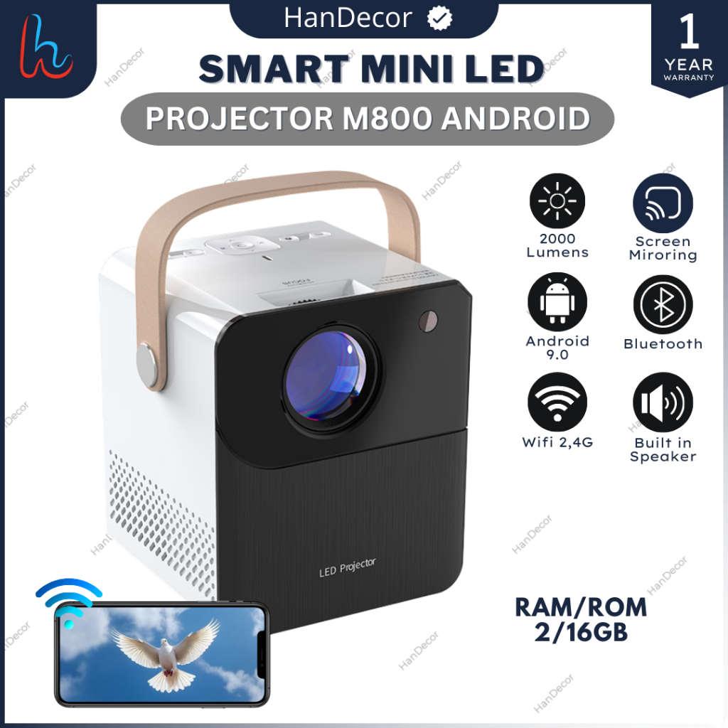 Proyektor Android 9.0 Wifi 2000 Lumens LED M800 | Proyektor Android Wifi Bluetooth 4K Full HD