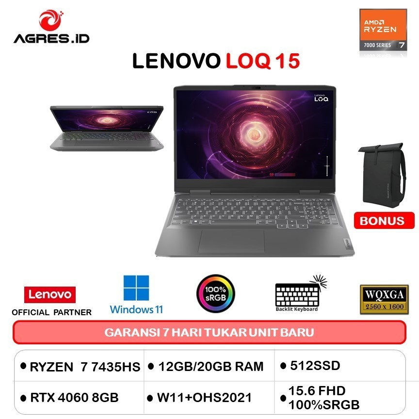 LENOVO LOQ 15 RYZEN 7 7435HS RTX4060 8GB/ 20GB 512GB W11+OHS 15.6FHD 100SRGB BLIT GRY -1YID