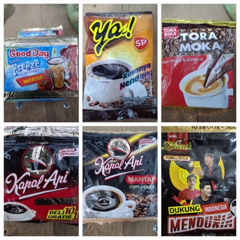 

Kopi Kapal Api Mantap, Spesial Mix, Luwak Hitam, White Koffie, Tora Moka, Good Day Freeze, Kopi YaSP (pcs)