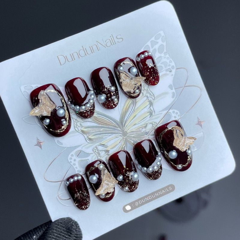[ BACA SLIDE FOTO ] S26 Fairy Maroon gold nails *Free box Nail art wedding emas kupu kupu by dundunn