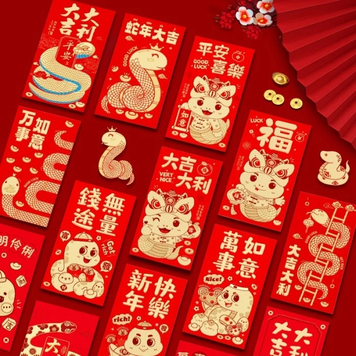 

(6 Lembar) Angpao Merah Panjang Tebal Motif Warna Emas Timbul 2025 Tahun Ular 9cm x 17cm Hong Bao Merah Angpau Imlek CNY Chinese New Year