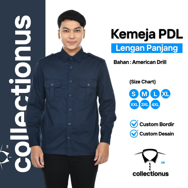 Baju Kemeja PDL PDH Biru Tua Navy Lengan Panjang Seragam Kerja Dinas Lapangan Outdoor Custom Desain 